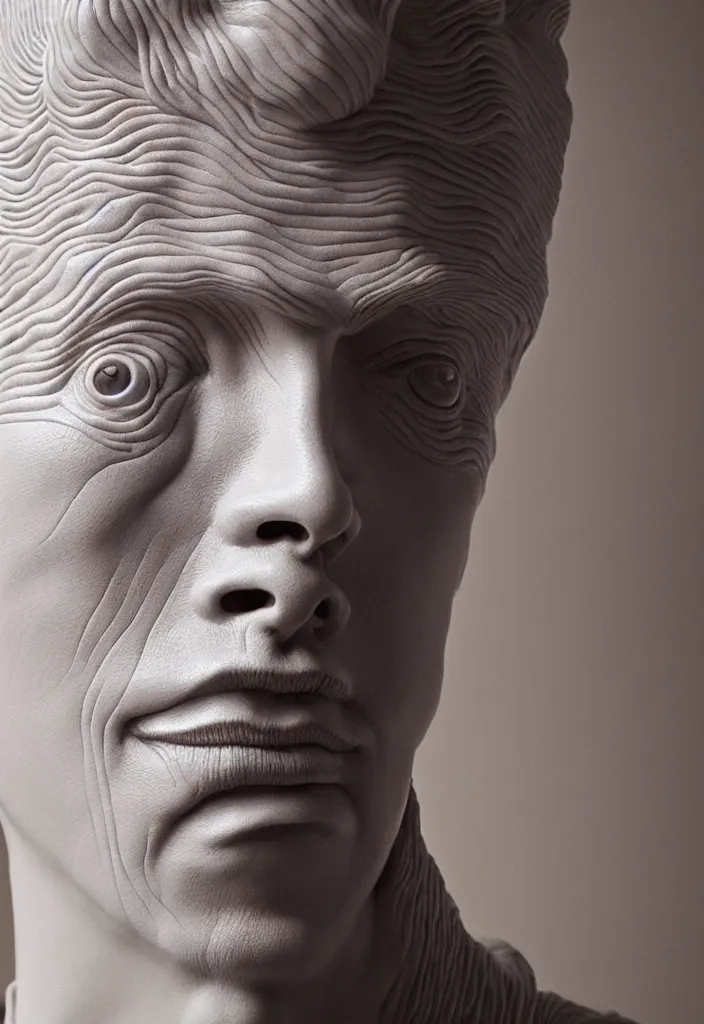 Image similar to David Bowie , A Close up photo-real delicate ceramic porcelain sculpture of a symmetrical ornate detailed in front of an intricate background by Victo Ngai and takato yamamoto, micro detail, backlit lighting, face in focus, subsurface scattering, translucent, thin porcelain, octane renderer, colorful, physically based rendering, japanese pottery, trending on cgsociety