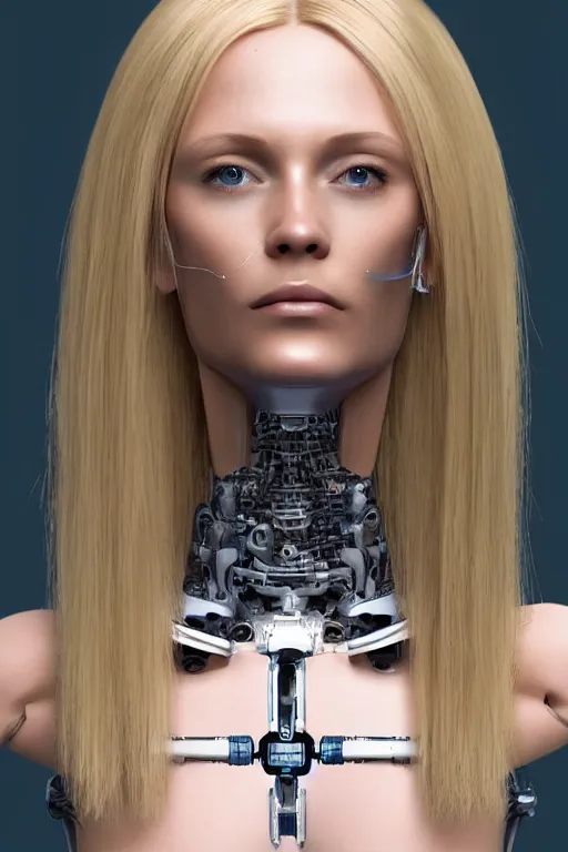 Image similar to robot with human face, female head, full body angle, woman human face, human face realistic, beautiful blonde hair, human head, human head with blonde hair, blonde hair human head, blonde hair, human realistic face, human head skin, cyborg frame concept, cyborg by ales-kotnik, sci-fi android female, the body is made of wires, robotic body, cyborg body, cyborg bust body, robot body cyborg, full body