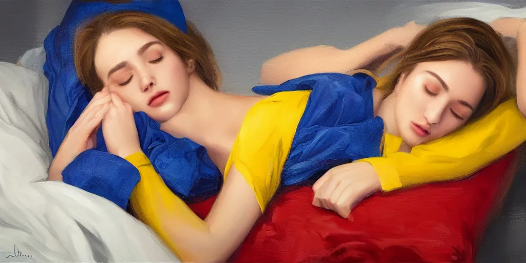 Image similar to beautiful oil matte portrait painting, young woman with closed eyes lying on a red bedsheet with blue pillows wearing a mustard yellow dress, detailed face, wonderful masterpiece highly detailed, beautiful cinematic light deep focus, elegant, digital painting, smooth, sharp focus, golden ratio, dramatic illumination, ultra realistic, 8 k, art by jimmy law