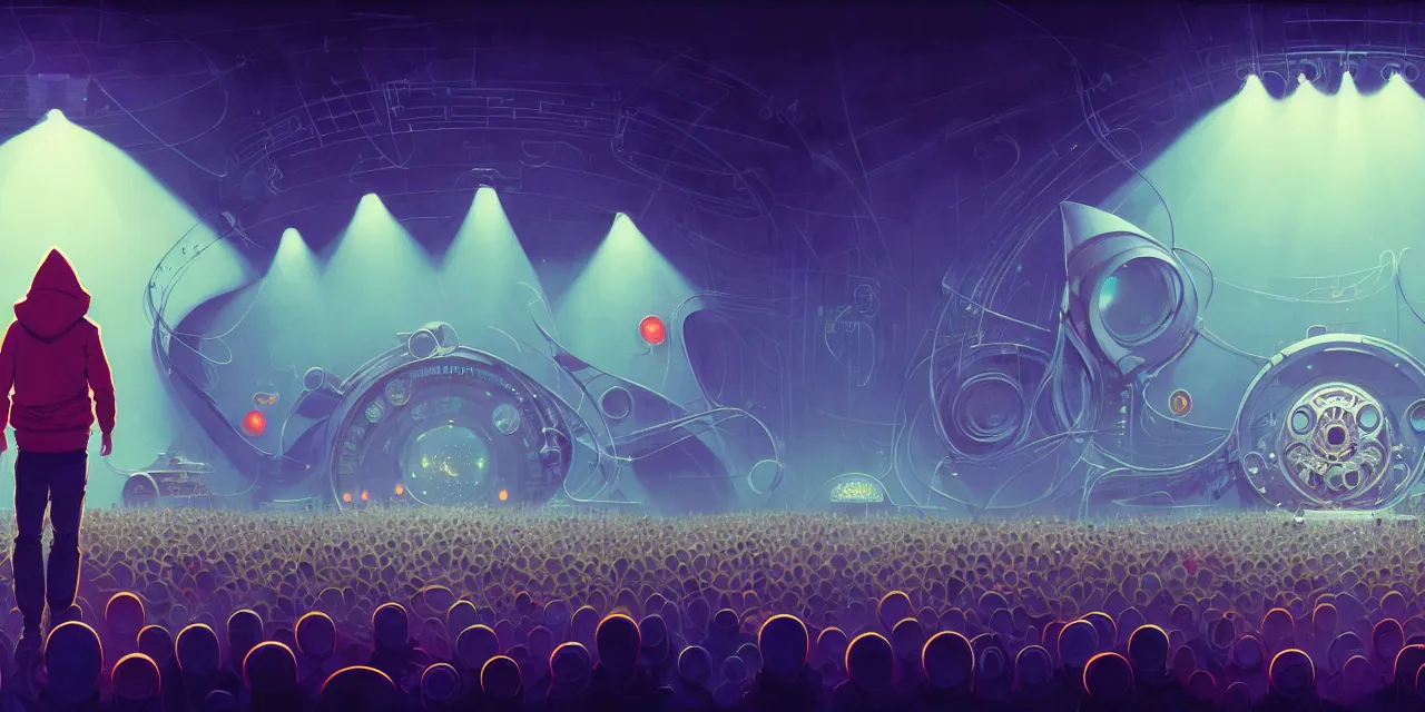 Image similar to tomorrowland, hyper - realistic portrait of a man in a hoodie, on the stage of a music festival, intricate, 4 k, by atey ghailan, by greg rutkowski, by greg tocchini, by james gilleard, by joe fenton, by kaethe butcher, dynamic lighting, lighting color scheme, sharp focus, grunge aesthetic