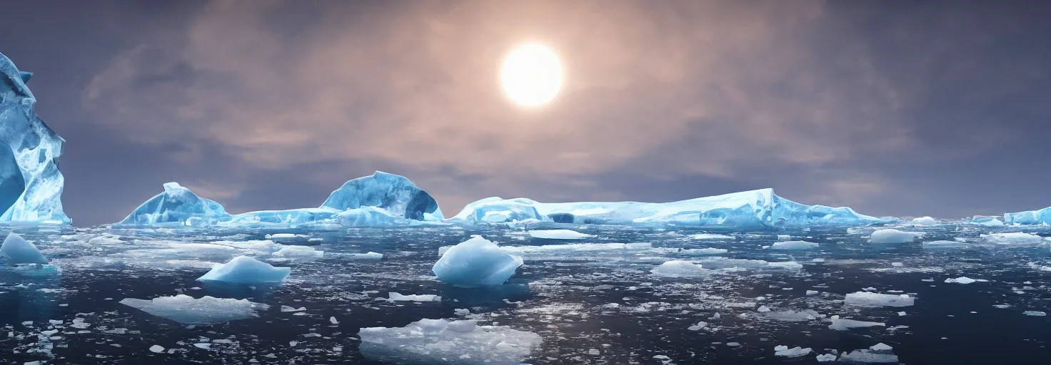 Image similar to A large ship sailing in the mother Arctic, with the ice floe cracking and icebergs surrounding it, cinematic lighting, extremely detailed, ultra realistic, trending on artstation, 8K