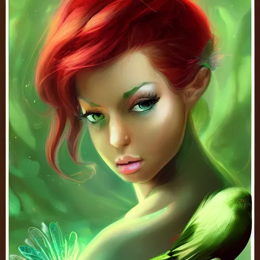 Prompt: a beautiful stunning fantasy whimsical matte digital portrait illustration of a pretty woman with bright green eyes and red hair with her green pet bird, in the style of Ross Tran, trending on artstation, contest winner