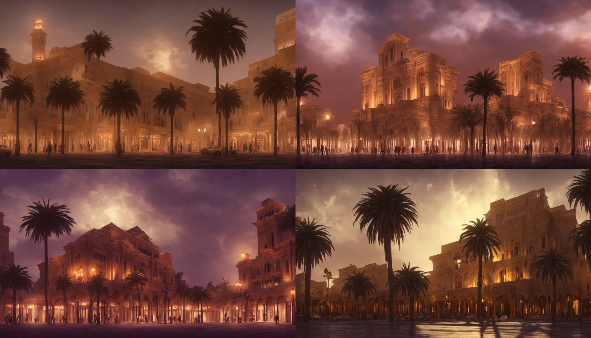 Prompt: beautiful cinematic concept art depicting the khedival opera house in talaat harb square, cairo, by wadim kashin and shinji aramaki, dramatic clouds, date palm trees, evening, atmospheric, ambient light, octane render, artstation