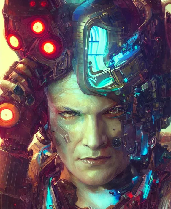 Image similar to portrait of a cyberpunk masked male evil, half body, glowin eyes, d & d, fantasy, intricate, elegant, highly detailed, colorful, vivid color, digital painting, artstation, concept art, art by artgerm and greg rutkowski and alphonse mucha and ruan jia