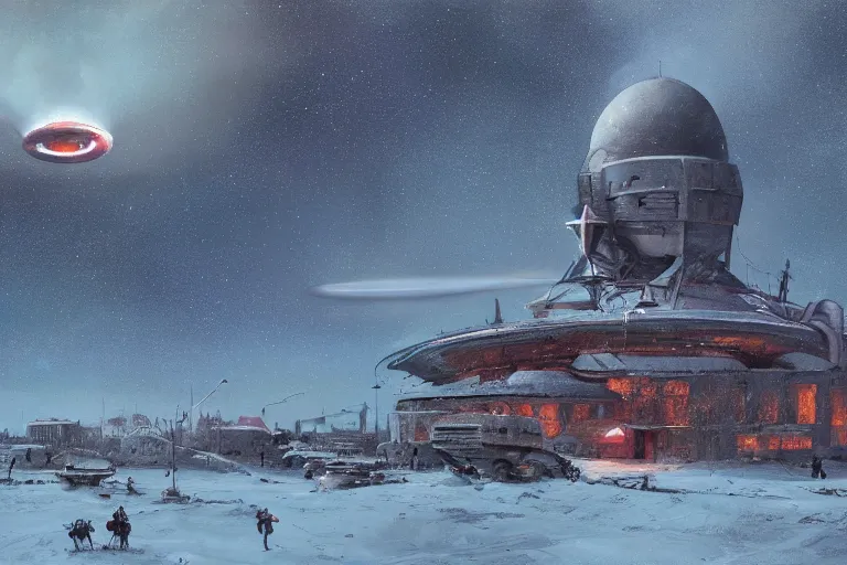 Prompt: a beautiful matte painting of a alien spaceship over the soviet, russian village simon, communist, stalenhag and alan bean, trending on artstation, realistic rendering