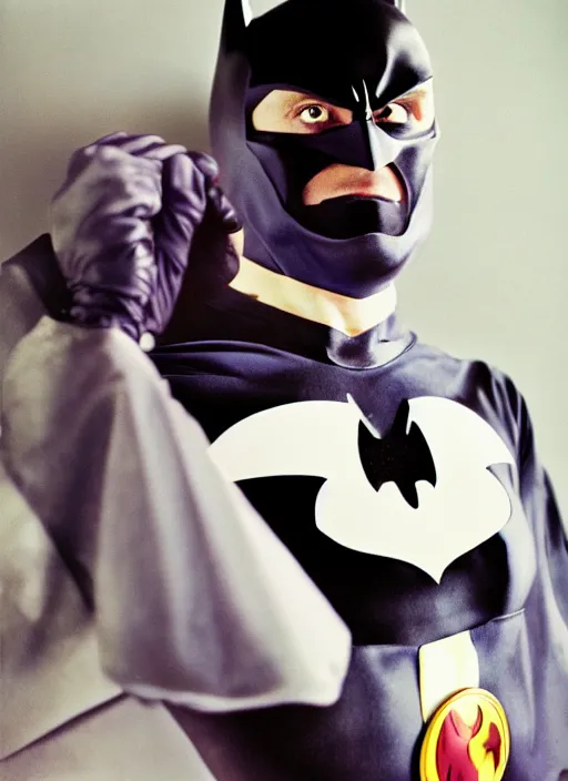 Image similar to a fashion portrait photograph by david lachapelle of a man in a batman costume, cosplay, 3 5 mm, color film camera, pentax