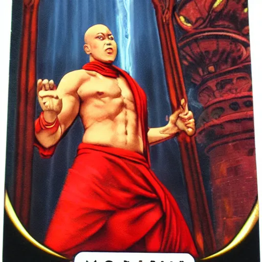 Prompt: magic the gathering card, trading card, human, red hair, monk