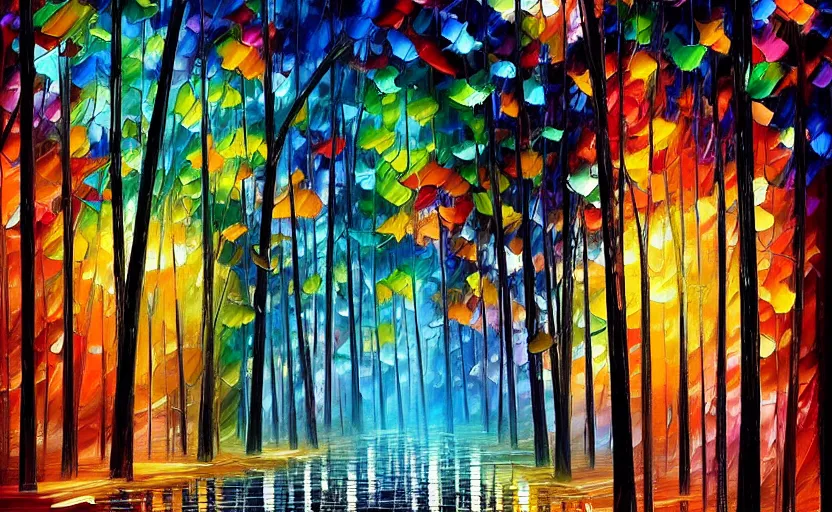 Prompt: psychedelic candy!!!!!!! forest in the rain by leoni afremov, oil painting!!!, intricate details!!!!, fine brush!!!!!!