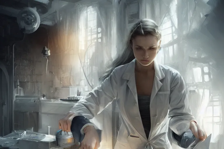 Image similar to a poster of emergency room, an elegant and beautiful female doctor in a white coat, cinematic, highly detailed, digital painting, artstation, concept art, matte, sharp focus, illustration, industrial light and magic, art by artgerm and greg rutkowski
