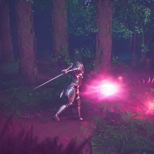 Image similar to a girl dressed in a pink knight armor fights a huge red dragon in the deep forest, cinematic lighting, highly detailed, dark atmosphere, unreal engine,