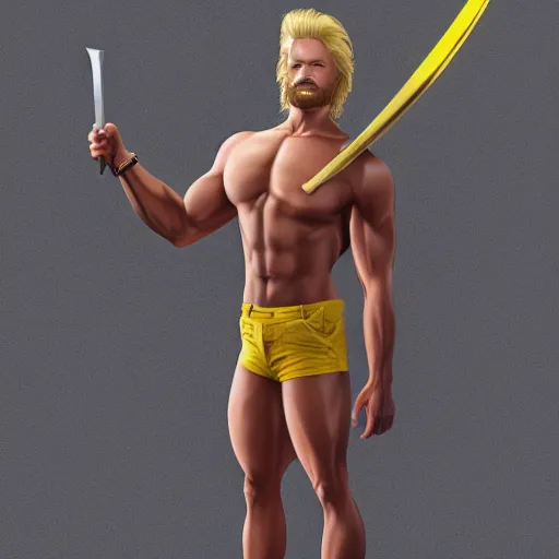 Image similar to camera footage of muscular man holding a sword with close - cropped blond hair and a long and yellow horseshoe mustache wearing brown sandals and short pants, 4 k, detailed, realistic, full body, real life