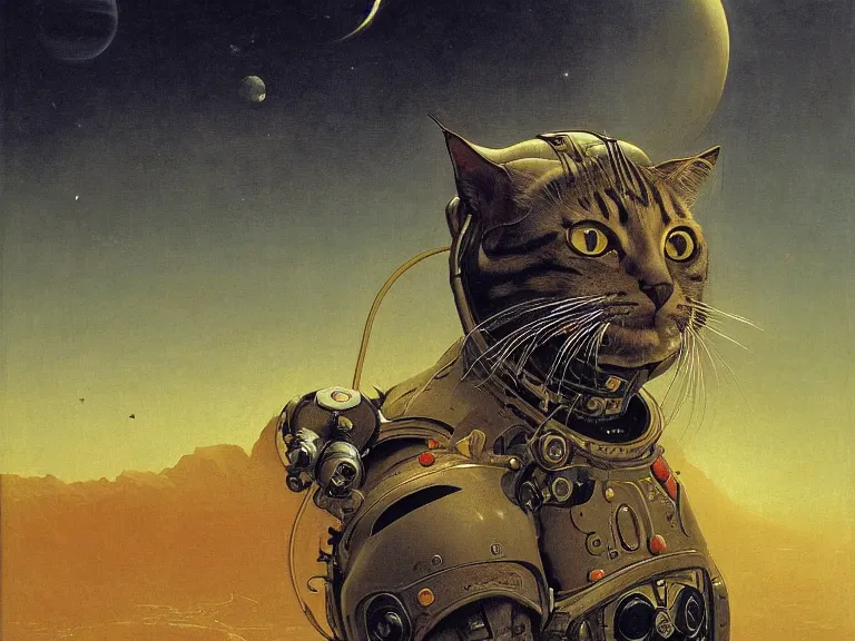 Image similar to a detailed profile painting of a cat in a spacesuit, symmetrical and science fiction theme by beksinski carl spitzweg and tuomas korpi. baroque elements, full-length view. baroque element. intricate artwork by caravaggio. Trending on artstation. 8k