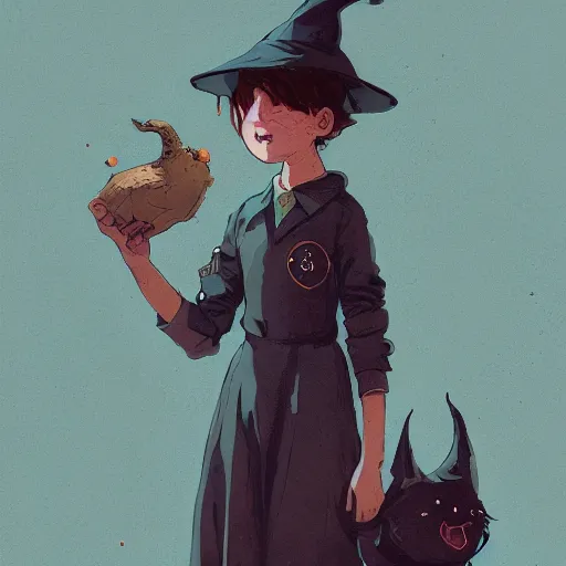 Prompt: highly detailed portrait of a little witch classroom atey ghailan, james gilleard, by joe fenton, by greg rutkowski, by greg tocchini, by kaethe butcher, 4 k resolution, gradient yellow, black, brown and cyan color scheme, grunge aesthetic!!!