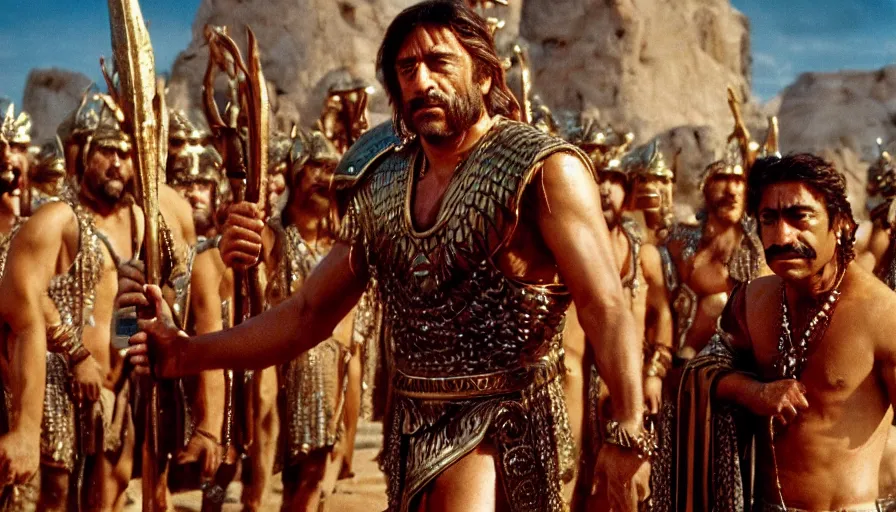 Image similar to dramatic movie stills by david lean of javier bardem as gilgamesh sumerian king facing the gods, sumerian epic movie, cinestill 8 0 0 t eastmancolor technicolor, high quality, very detailed, heavy grain, fine facial features, 8 k, octane render