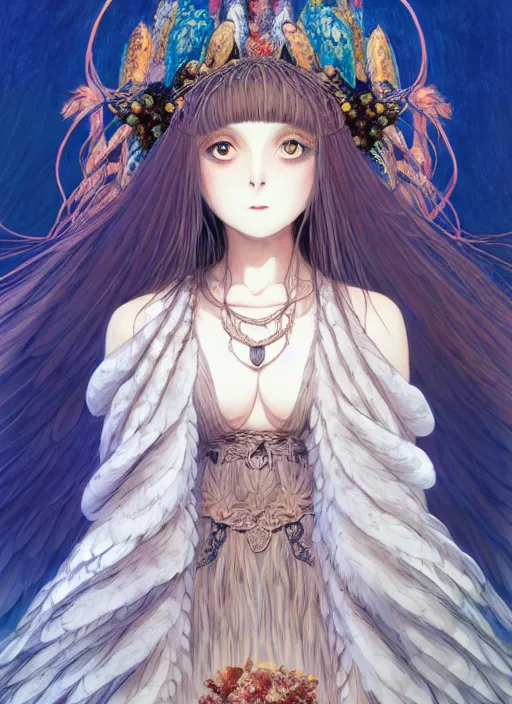 Prompt: goddess of the owls in feathered robe, humanoid, forest ritual, throne, concept art, Ilya Kuvshinov, masakazu katsura,jean giraud, Kyoto animation,last exile, blue submarine no. 6,loish, murata range, kawaii, yoshitaka amano, studio lighting, manga, bright colors, beautiful, 28mm lens, vibrant high contrast, gradation, fantasy, rule of thirds, great composition, intricate, detailed, flat, matte print, sharp,anime,symmetrical,japanese