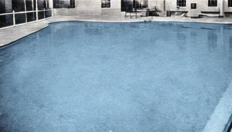 Prompt: 1 9 6 0 s movie still of an empty blue and yellow tiles swimmingpool, low quality, liminal space style