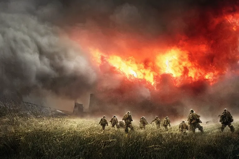 Image similar to chaotic battlefield, multiple soldiers on the ground!, thick dark smoke!, vehicles on fire, heavy rain from thick clouds, storm, overgrowth, (mushroom cloud) in the background, bleak, melancholy atmosphere, band of brothers, bf1942, 4k artwork by Gregory Crewdson and Grzegorz Domaradzki and Ivan Shishkin and Jakub Rozalski