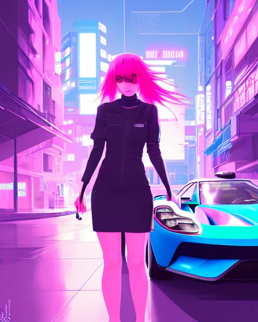 Image similar to digital illustration of cyberpunk pretty girl with pink hair, standing by a blue ford gt in a street at night, under streetlights, by makoto shinkai, ilya kuvshinov, lois van baarle, rossdraws, basquiat