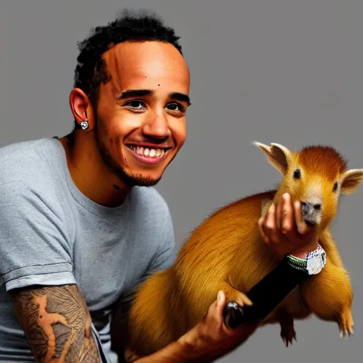 Prompt: an award winning photo of lewis hamilton holding a baby capybara, 4 k