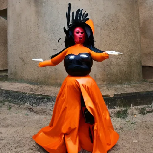 Prompt: Big bust witch in orange latex dress and gloves holding raven feather