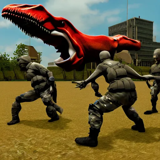 Image similar to futuristic soldiers fighting a dinosaur in garry's mod, in game screenshot