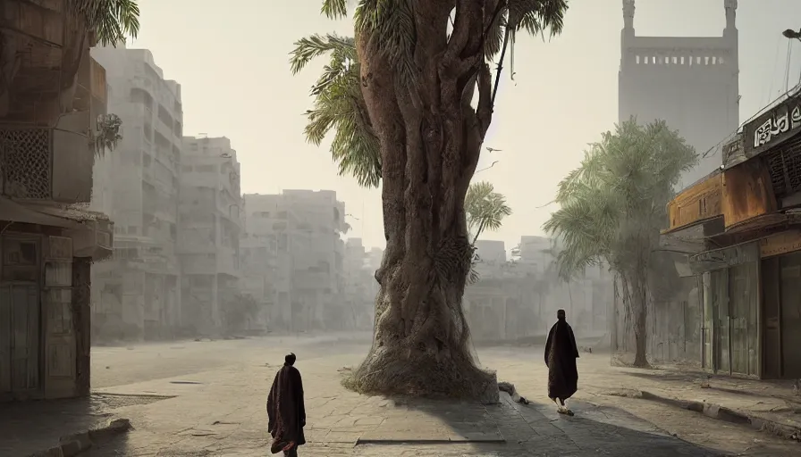 Prompt: old jeddah city street, roshan, shops, pharmacy, a nomad wearing a worn out coat, plants, tree, dramatic lighting, by caspar david friedrich by james gilleard and justin gerard, artstation, smooth, sharp focus, by jean baptiste, octane render