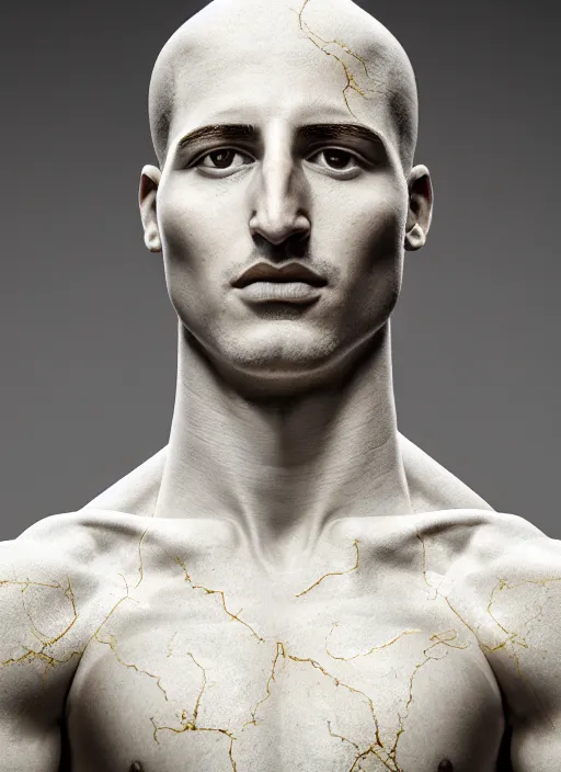 Image similar to a statue made of white marble with gold veins, of klay thompson, transhumanism, full body shot, perfect symmetrical body, perfect symmetrical face, hyper realistic, hyper detailed, by johannen voss, by peter kemp, by monia merlo, by michelangelo, octane render, blender, 8 k