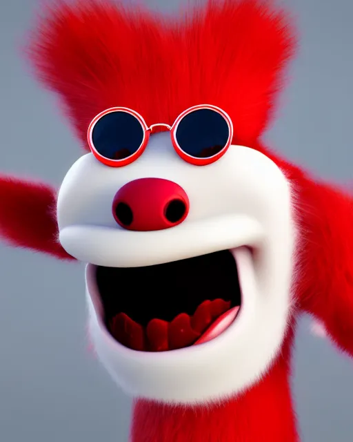 Prompt: 3 d render of completely red hairy friendly antropomorphic cartoony creature wearing white ray - ban shades, full body, simple, grin instead without a nose, cute, white background, unreal engine 5 hdr