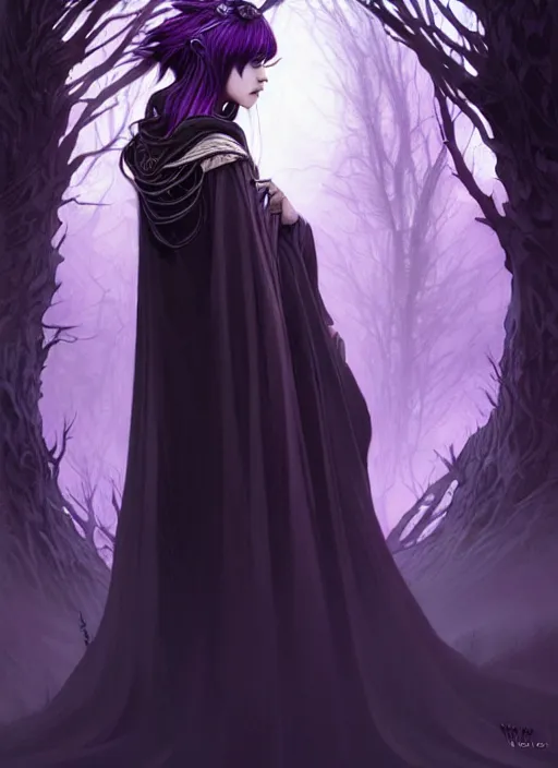 Image similar to background is moon many light effects, symmetrical centered portrait dark witch, large cloak, fantasy forest landscape, dragon scales, fantasy magic, undercut hairstyle, short purple black fade hair, dark light night, intricate, elegant, sharp focus, digital painting, concept art, matte, art by wlop and artgerm and greg rutkowski and alphonse mucha, masterpiece