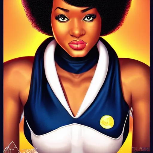 Prompt: black female astronaut with a celestial afro pin-up style by Artgerm, realist, trending on artstation