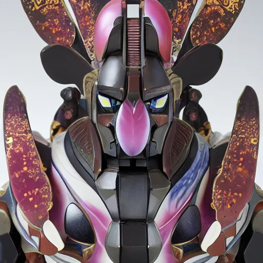 Image similar to futuristic phalaenopsis amabilis mecha tiger face in moon body, sepals forming helmet, floral details, phalaenopsis, 8 k hd resolution, barbatos gundam with floral inlay, bandai box art, star wars, makoto kobayashi, frank gehry, raymond swanland