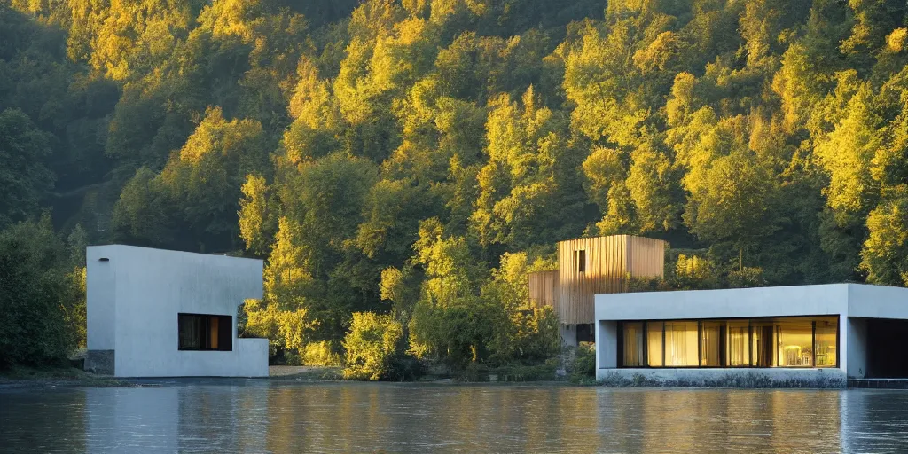 Image similar to a house by the river rhein close to mumpf designed by peter zumthor, beautiful ambient light, golden hour