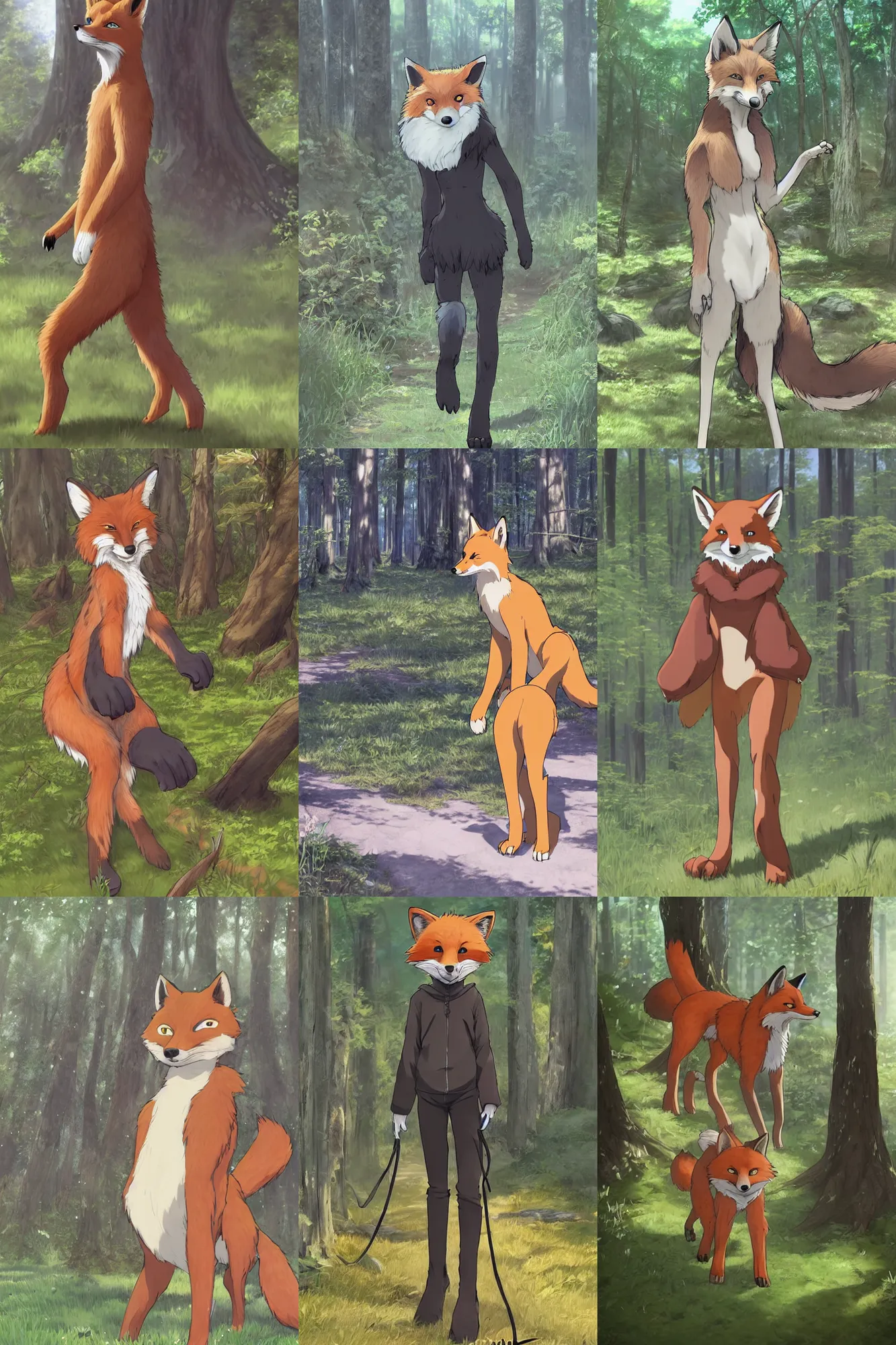 Prompt: furry!!!! art, anthro digitigrade!!!! natural - colored ( ( fox ) ) with black paws, walking upright in a forest, fursona commission, photorealistic, extremely detailed, anime!!!! key visual, pixiv, makoto shinkai, hibbary, dark natasha, goldenwolf, furaffinity, portrait