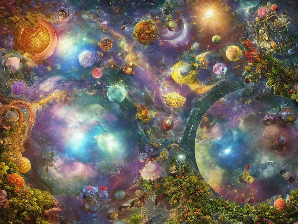 Image similar to 3 d render, the universe is a spheroid region 7 0 5 meters in diameter, hilo springtime, sunlight study, art nouveau, by rachel ruysch and ( ( ( ( ( lisa frank ) ) ) ) ) and ( ( ( ( ( hans zatzka ) ) ) ) ), 8 k, extreme detail, sharp focus, octane render