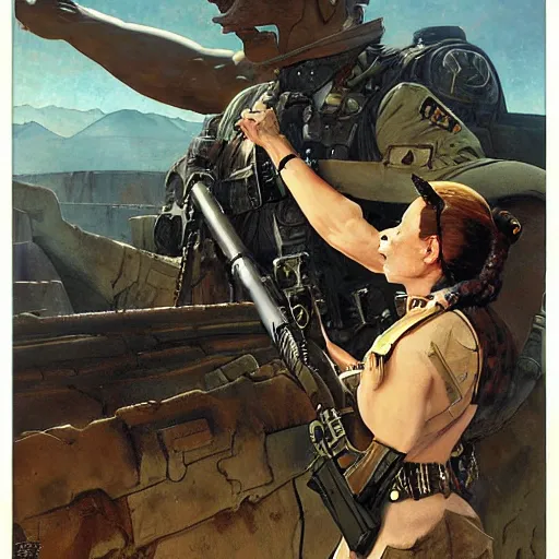 Prompt: a tactical soldier with his back to the viewer, looks up to see a giant woman with horns, by jon foster, gerald brom, wayne barlowe, and norman rockwell