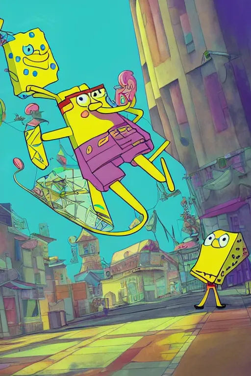 Image similar to concept art painting of alternate reality spongebob, artgerm, moebius, inio asano, toon shading, cel shading, calm, tranquil, vaporwave colors,