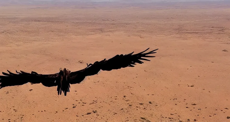 Image similar to artwork of a vulture flying over a desert, artstation