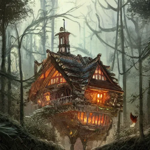 Prompt: a storybook illustration of a ramshackle multistory fairytale hut in the forest, intricate, elegant, on chicken legs, in forest, fantasy, highly detailed, digital painting, concept art, sharp focus, trending on artstation