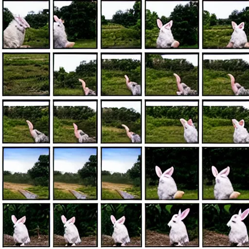 Image similar to a rabbit jumping up over a fence, shown as a film strip showing 9 sequential stills starting from time 0 : 0 0 from the video clip in a grid