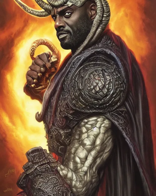 Prompt: detailed portrait of Idris Elba as a horned Tiefling powerful dungeons and dragons warlock, wearing dark robe, intricate, hyper detailed, lovecraftian, realistic, oil painting, by jeff easley, boris vallejo, cinematic lighting