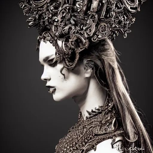 Prompt: a female model by chacarcter creator, photorealistic, biomechanical, intricate details, hyper realistic, ornate headpiece, dark beauty, photorealistic, canon r 3, photography, wide shot, photography, dark beauty ornate headpiece, dark beauty, photorealistic, canon r 3, photography, wide shot, photography, dark beauty, symmetrical features