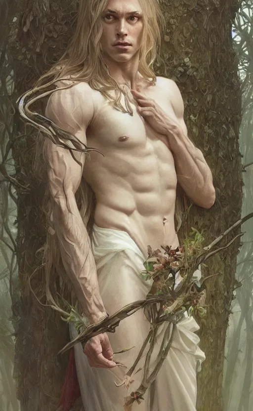 Image similar to God of the forest, pale hair, long hair, gorgeous, amazing, muscular, intricate, highly detailed, digital painting, artstation, concept art, sharp focus, illustration, art by greg rutkowski and alphonse mucha