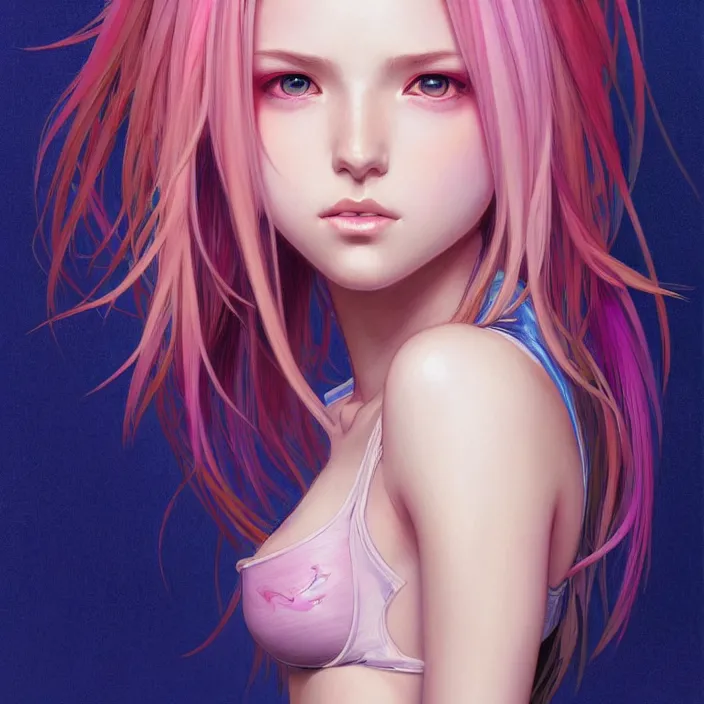 Image similar to portrait of beautiful symmetrical anime girl, rainbow hair, attractive, casual, modern, victoria's secret, highly detailed, digital painting, artstation, concept art, smooth, sharp focus, illustration, art by moebius, artgerm, greg rutkowski and alphonse mucha, 8 k,