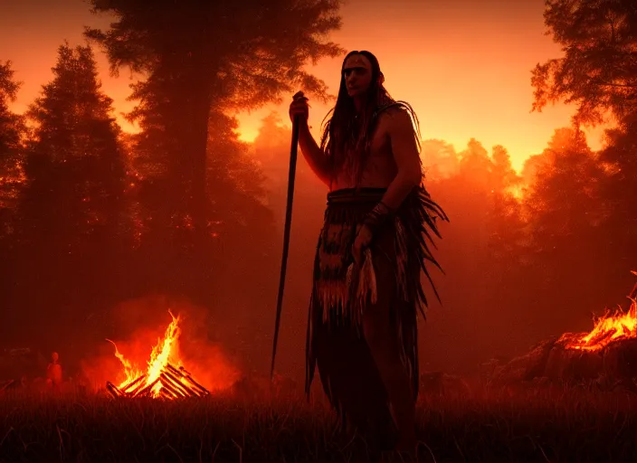 Image similar to shaman behind bonfire twilight hyper realistic cinematic art 4 k great view high quality