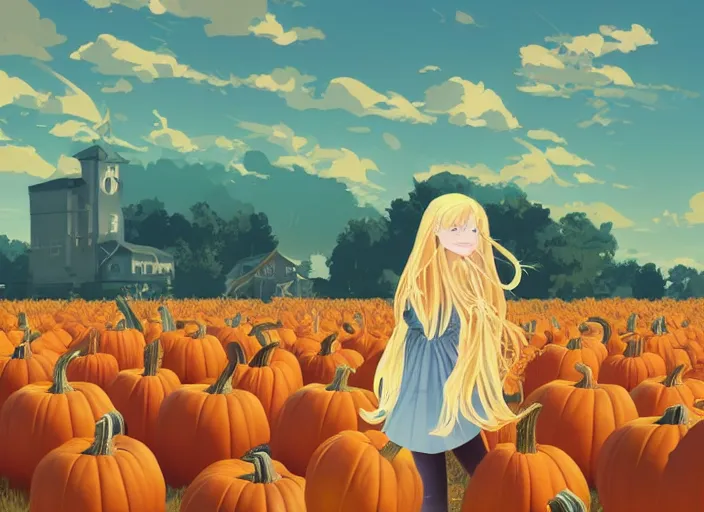 Image similar to little girl with long blonde hair visiting a pumpkin patch. she is facing away from the viewer. clean cel shaded vector art. shutterstock. behance hd by lois van baarle, artgerm, helen huang, by makoto shinkai and ilya kuvshinov, rossdraws, illustration, art by ilya kuvshinov