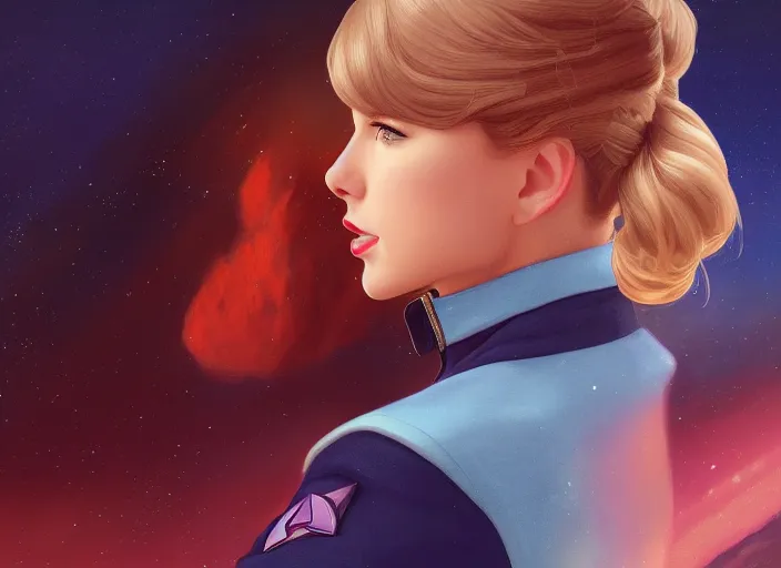 Image similar to a disney film still of taylor swift as a star trek officer, finely detailed features, closeup of the face, perfect art, dusk, blue hour, gapmoe yandere grimdark, trending on pixiv fanbox, painted by greg rutkowski, makoto shinkai, takashi takeuchi, alphonse mucha, akihiko yoshida