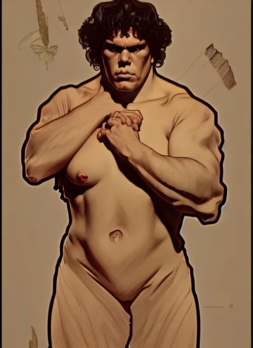 Image similar to digital concept art by artgerm and alphonse mucha. andre the giant!! full body!! contour light effect!! 8 k, black tape project show. stage light. octane render. sharp edge. ultra clear detailed