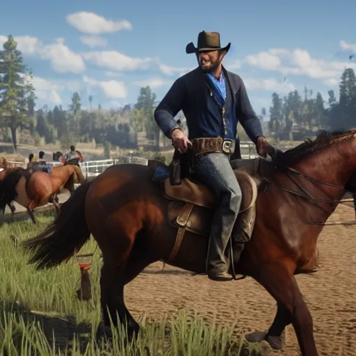 zesty-seal663: Arthur Morgan from Red Dead Redemption 2 riding his horse  across the country