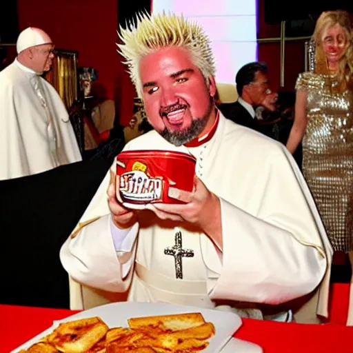 Image similar to guy fieri dressed as the pope eating spam from the can at a formal banquet at a table