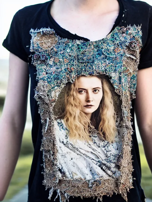 Image similar to hyperdetailed close shot of daisy edgar - jones, winds of winter, with ripped crop t - shirt intricate ornaments, fine - face, pretty face